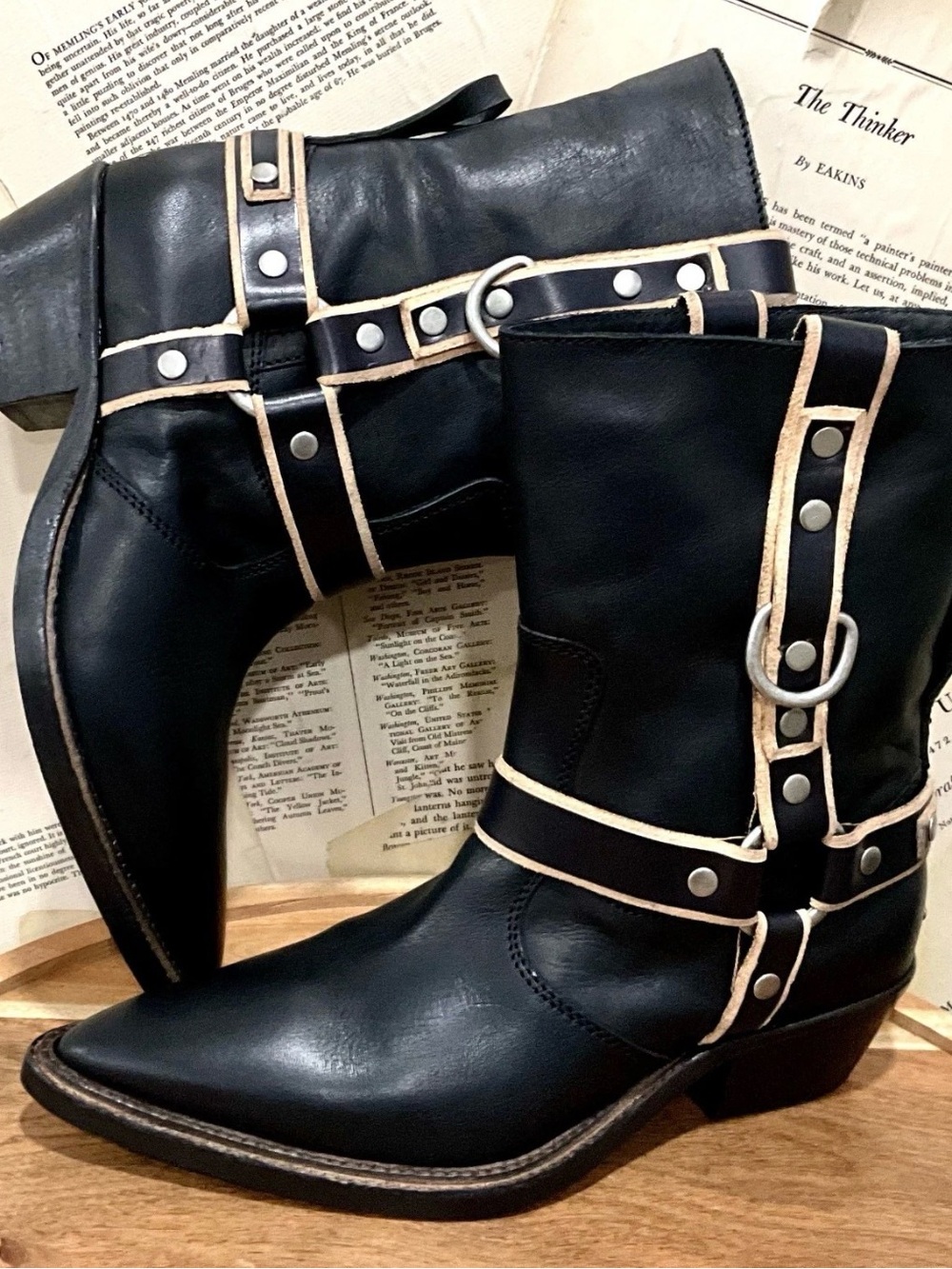 Free People We The Free Abroad Harness Boots Black Tan Pewter Pointy - Picture 2 of 8